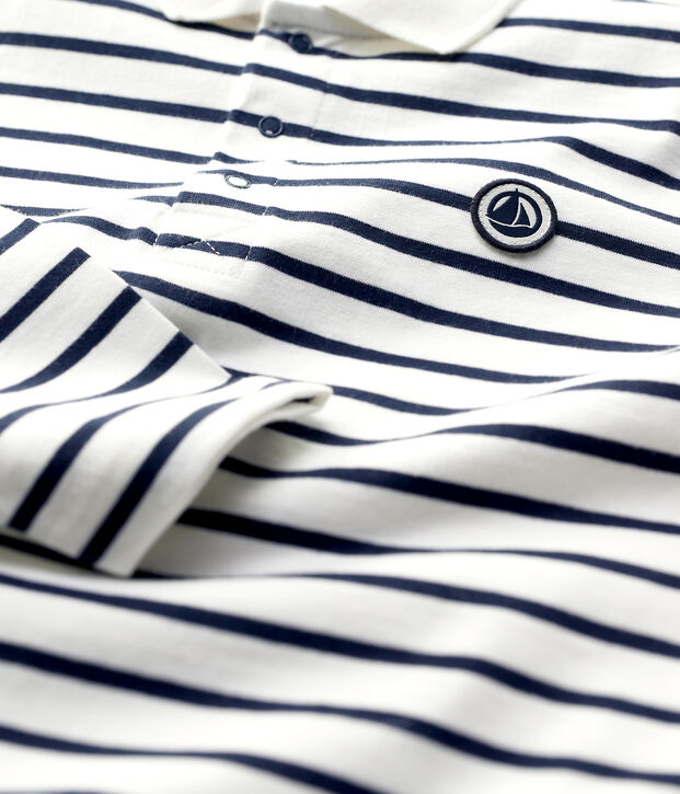 Polo manches longues ray&eacute;s en coton enfant gar&ccedil;on blanc/bleu